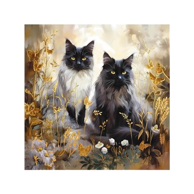 Картина по номерам на холсте "Коты в цветах" 40*40см (Х-4228) с акриловыми красками и золотой поталью