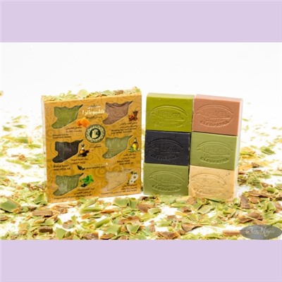 Набор оливкового мыла в подарочной картонной упаковке с отверстиями в форме карты Сирии, 6 шт./~630 гр, ТМ КЛЕОПАТРА