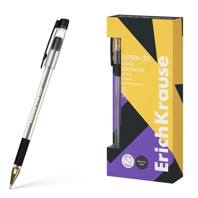 Ручка шар. ErichKrause "Ultra-30 Gold Stick&Grip Classic, Super Glide Technology" (61111) черная, 0.7мм,