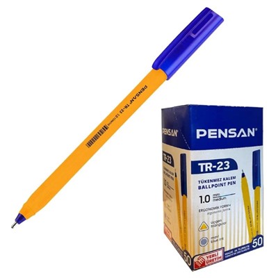 Ручка шар. Pensan "TR-23" (2023) синяя, 1мм, трехграннный желтый корпус, на масляной основе