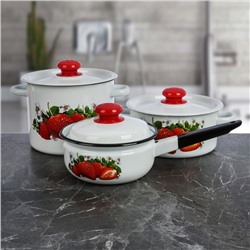 Набор посуды «Клубника садовая», 3 предмета: кастрюли 2/3,5 л; ковш с крышкой 1,5 л, индукция, цвет белый