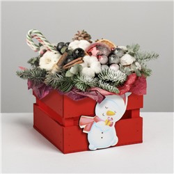 Ящик реечный с декором "Снеговик", красный, 13 х 13 х 9 см