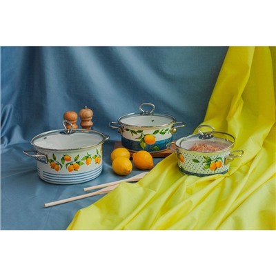 Набор кастрюль Доляна «Лимоны», 3 предмета: 1,9 л, 2,5 л, 3,7 л, стеклянные крышки, индукция, цвет белый