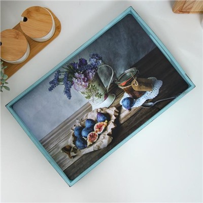 Поднос деревянный для завтрака "Прованс. Натюрморт, инжир", 43×27.5×7 см, серо-голубой