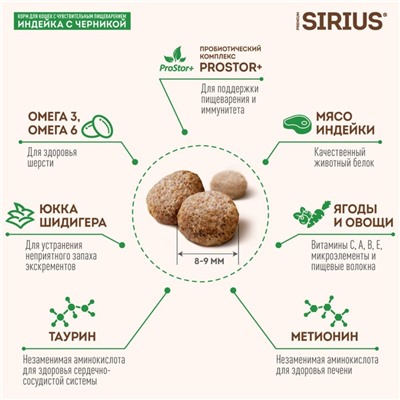 Сухой корм SIRIUS для кошек с чувствительным пищеварением, индейка с черникой, 400 г