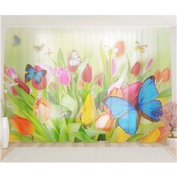 Фототюль «Бабочки на цветах», размер 290 х 260 см, вуаль
