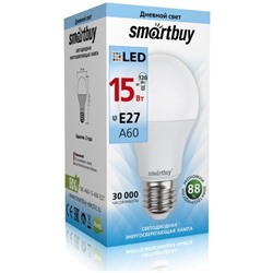 Лампа светодиодная, E27, A60, 15Вт, 4000К "Smartbuy" нейтральный белый свет