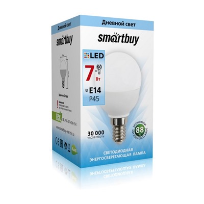Лампа светодиодная, E14, P45,  7Вт, 4000К "Smartbuy" нейтральный белый свет, шар