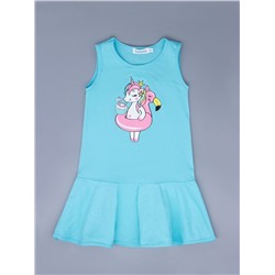 Платье трикотажное для девочки, пони-единорог с кругом "фламинго", бирюзовый