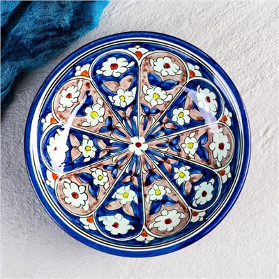 Тарелка Риштанская Керамика "Цветы", синяя, глубокая, 20 см МИКС