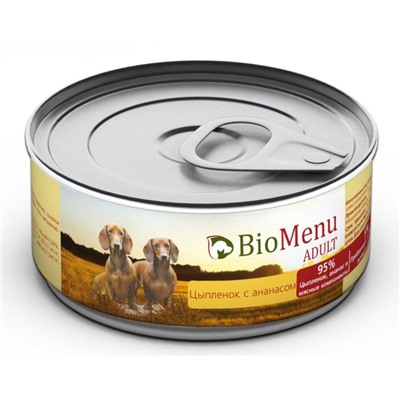 Консервы BioMenu ADULT для собак  цыпленок с ананасами 95%-мясо , 100гр