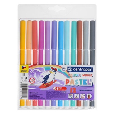 Фломастеры 12 цветов Centropen 7550 TP Colour World Pastel 2.0 мм, пастельные, блистер, европодвес