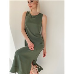 6408 Платье без рукавов с разрезами в приглушённом зелёном