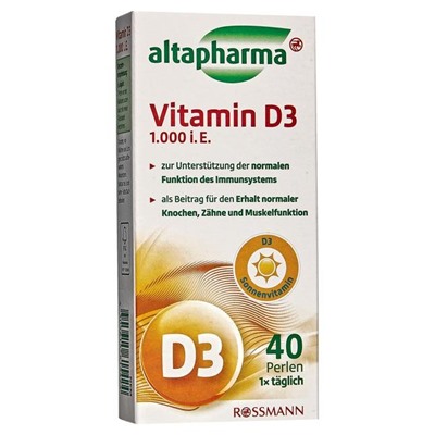 altapharma Vitamin D3 1000 I.E. Витамин D3 1000 для поддержки имунной системы, Капсулы, 40 шт