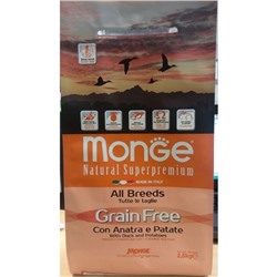 Сухой корм Monge Dog GRAIN FREE беззерновой для собак, утка/картофель, 2,5 кг.