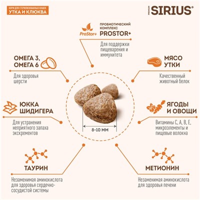 Сухой корм SIRIUS для стерилизованных кошек, утка с клюквой, 1,5 кг