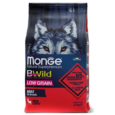 Сухой корм Monge Dog BWild LOW GRAIN низкозерновой для собак, из мяса оленя, 2,5 кг