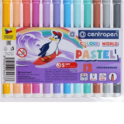 Фломастеры 12 цветов Centropen 7550 TP Colour World Pastel 2.0 мм, пастельные, блистер, европодвес