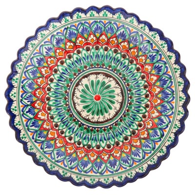 Тарелка Риштанская Керамика "Цветы", синяя, рельефная, 25см