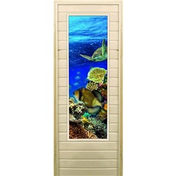 Дверь для бани со стеклом (43*129), "Морской мир", 170×70см, коробка из осины