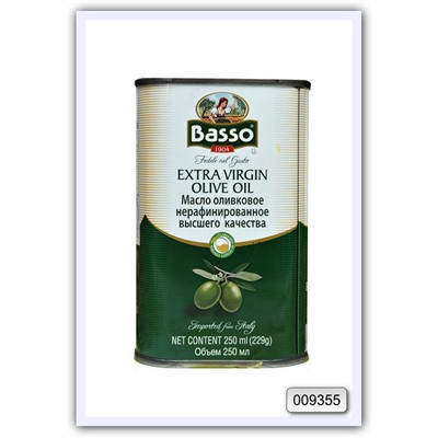 Масло оливковое нерафинированное высшего качества Basso extra virgin olive oil 250 мл (ж/б)