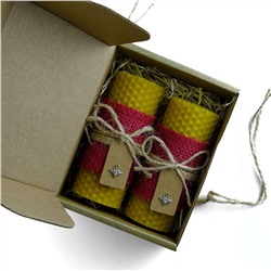 Набор свечей из натурального пчелиного воска с декором красный джут в коробке 2 шт.