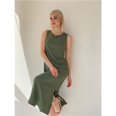 6408 Платье без рукавов с разрезами в приглушённом зелёном
