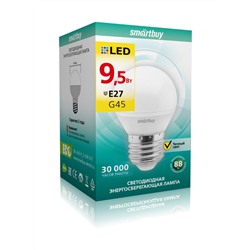 Лампа светодиодная, E27, G45,  9.5Вт, 3000К "Smartbuy" теплый свет, шар