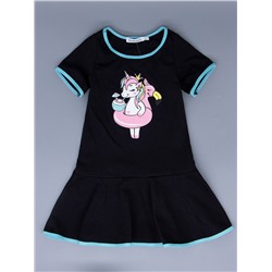 Платье трикотажное для девочки с рукавами, пони-единорог с кругом "фламинго", черный