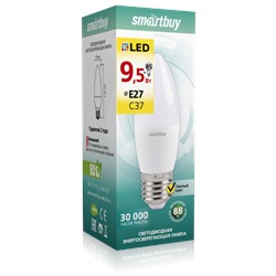 Лампа светодиодная, E27, C37,  9.5Вт, 3000К "Smartbuy" теплый свет, свеча