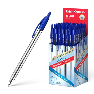 Ручка шар. автомат. ErichKrause "R-301 Classic" (38509) синяя, 1мм, прозрачный корпус