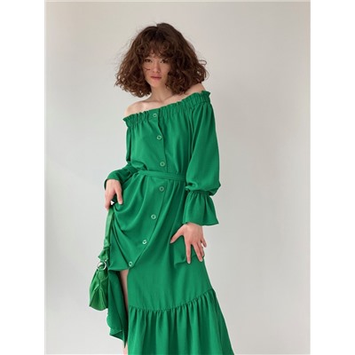 6133 Длинное платье с открытыми плечами зелёное