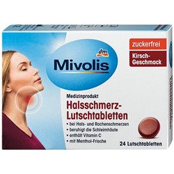 Mivolis Halsschmerz-Lutschtabletten, Миволис Таблетки от боли в горле, без сахара, со вкусом вишни 24 шт.
