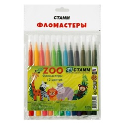 Фломастеры 12 цветов Стамм ZOO, толщина линии письма 1 мм, вентилируемый колпачок, смываемые, длина линии письма 400 м, европодвес