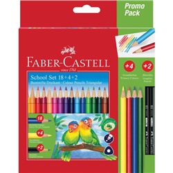 Карандаши цветные Faber-Castell 18 цветов, трехгранные, заточенные + 4 цветных + 2 чернографитных карандаша, в картонной коробке с европодвесом