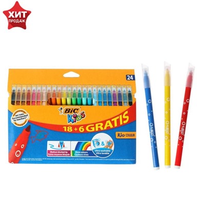 Фломастеры 24 цвета BIC Kid Couleur, детские, смываемые, среднее письмо