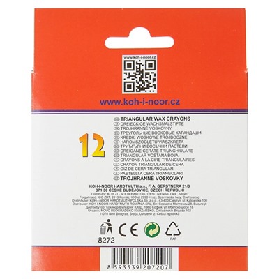 Мелки восковые 12 цветов 7.8 мм, Koh-I-Noor 8272/12, трехгранные, в картонной упаковке, L=90 мм