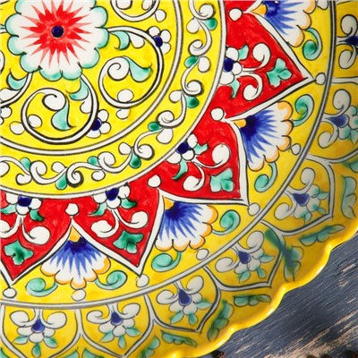 Ляган Риштанская Керамика "Цветы", 31 см, жёлтый, рифлённый