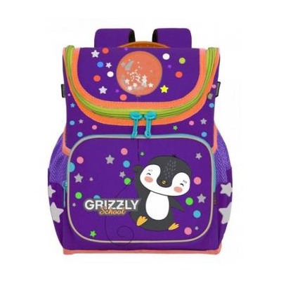 Рюкзак школьный RAl-194-3/3 "Пингвин" фиолетовый - оранжевый 26х35х16 см GRIZZLY {Китай}