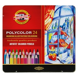 Карандаши художественные PolyColor 3824, 24 цвета, мягкие, в металлическом пенале