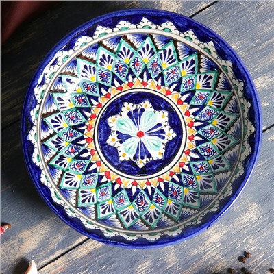 Тарелка Риштанская Керамика "Узоры", синяя, глубокая, микс,  20 см