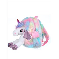 Рюкзак для девочки плюшевый, игрушка белый единорог с фиолетовыми крыльями, розовый