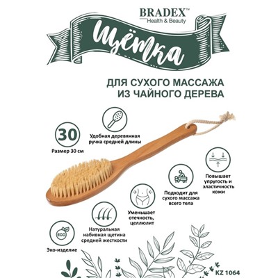 Щётка для сухого массажа Bradex KZ 1064, из чайного дерева с щетиной кактуса с ручкой 30 см   787838