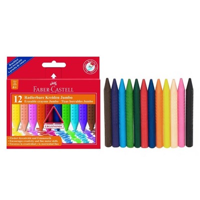 Карандаши восковые 12 цветов Faber-Castell Jumbo GRIP, трёхгранный корпус, стираемые чернила