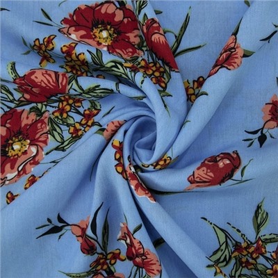 Ткань на отрез штапель К01 Цветы на голубом