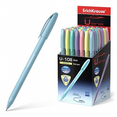 Ручка шар. ErichKrause "Ultra Glide Technology U-108 Pastel Stick" (58110) синяя, 1мм, цветной трехгран. корпус, игольчатый стержень