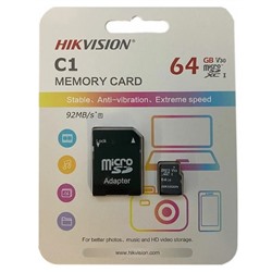 Карта памяти Micro-SDHC  64Гб "Hikvision" Class10 UHS-I U1, + адаптер SD