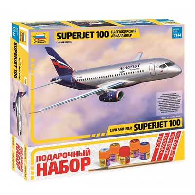 Модель для сборки "Пассажирский авиалайнер SuperJet-100" 1:144 (7009ПН, "ZVEZDA") клей и краски в комплекте