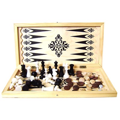 Шашки, шахматы, нарды, 3 в 1, деревянные (02-110) размер поля 40*40см, доска из дерева, фигуры из дерева/пластика