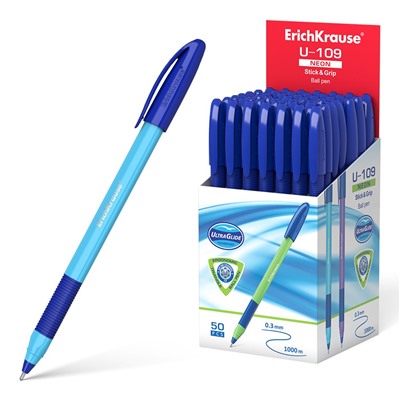 Ручка шар. ErichKrause "Ultra Glide Technology U-109" (47612) синяя, 1мм, трехгран. корпус, игольчатый стержень, цветной неоновый корпус, грип, одноразовая